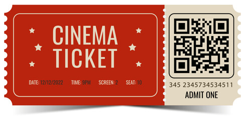 Cinema ticket isolated on white background. Realistic cinema or movie ticket template