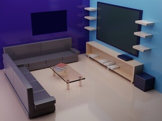 Living room, minimalist blue living room