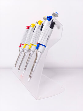 Micro pipettes for different volumes on a rack in the lab. Used for transferring small volumes of liquid for biological research.