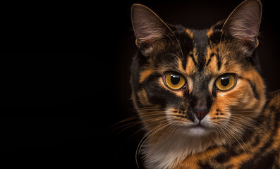 Obraz premium Tortoiseshell cat with incredibly green eyes on black backrgound isolated. Cat posing in a studio.