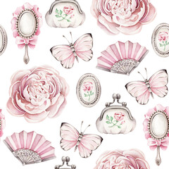 Vintage pattern with accessories and flowers.Peony,butterfly,mirror,fan, wallet, medallion