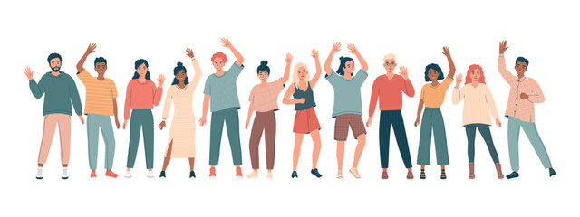 Growd of diverse friendly young men and women standing in long line with hands raised in greeting gesture. Welcome concept. Different nations people waving hand and saying hi. Flat vector illustration