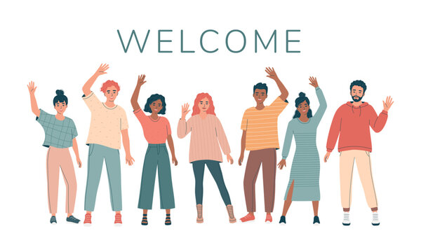 Group of diverse friendly young men and women with hands raised in greeting gesture, business team. Welcome concept. Different nations  people waving hand and saying hello. Flat vector illustration