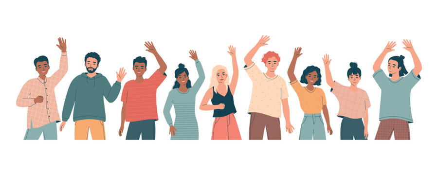 Group of diverse friendly young men and women with hands raised in greeting gesture, business team. Portrait composition. Different nations people waving hand and saying hello.Flat vector illustration