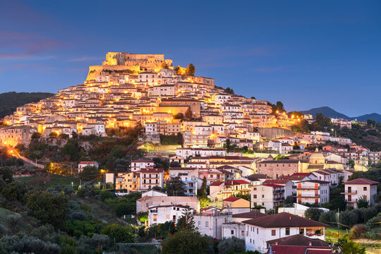 Rocca Imperiale, Italy hilltop town at night in the Calabria Region.