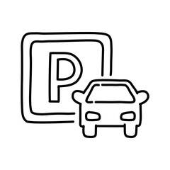 Parking sign doodle icon. Hand drawn black sketch. Vector Illustration.