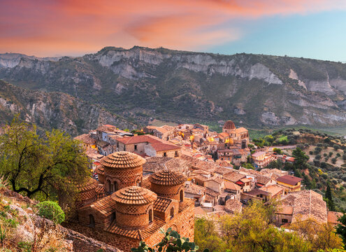 Stilo, Italy with the Byzantine Church at dusk.