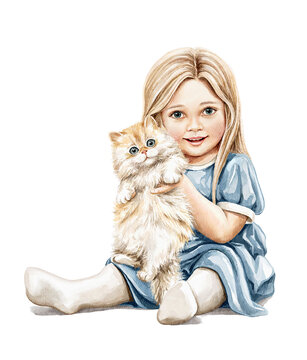 Watercolor imaginary characters cute little girl with blonde hair in blue dress sitting on the floor and holding ginger kitten isolated on white background. Hand drawn illustration sketch