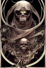 An image of death with two skulls on a black background. Halloween theme.