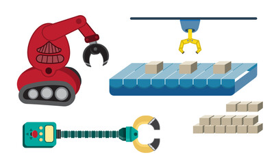 Engine, claw of moving equipment for the factory set. conveyor machines with robotic hand for welding or packaging.Robotic Claw and machine control on a white background. excavator providing movement 