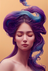 Beautiful young girl with closed eyes and purple-blue hair on a beige background.
