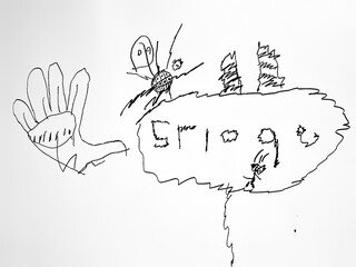 BLACK AND WHITE PHOTO OF KIDS DOODLE DRAWN ON WHITEBOARD WITH BLACK MARKER PEN