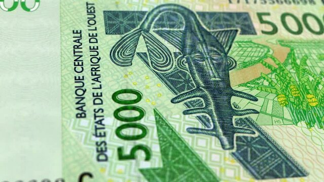 Burkina Faso West African CFA franc 5000 Banknotes, Five Thousand Burkina Faso, Close-up and macro view of the West African CFA franc, Tracking and Dolly Shots 5000 West African CFA fran banknote