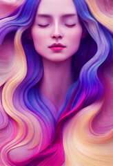Fototapeta premium A beautiful sleeping young girl with bright multi-colored flowing hair, drawn in long strokes.