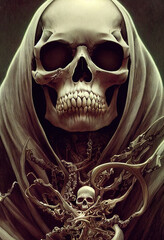 An image of a bony death with skulls on a dark background. Halloween theme.