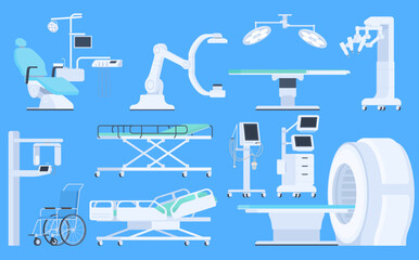 Medical devices for the treatment and diagnosis of people. Medical equipment for examining human health. Vector illustration