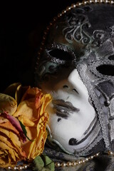 Carnival mask with rdry rose close up on dark background