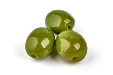 Marinated Castelvetrano green olives Close up. Isolated on white background.