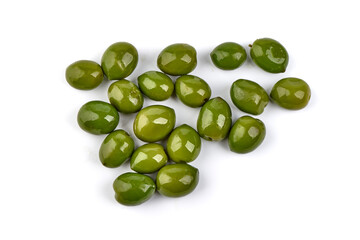 Marinated Castelvetrano green olives Close up. Isolated on white background.