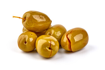 Green big olives, isolated on white background.