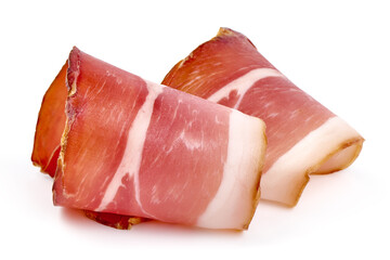 Spanish jamon iberico, serrano ham, isolated on white background. High resolution image.