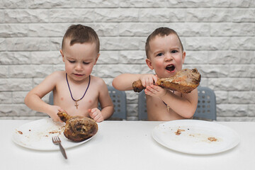 Two very hungry little boys had a nice dinner with 2 large turkey legs. Thanksgiving day