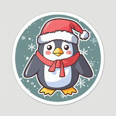 Christmas penguin cartoon sticker, xmas penguin in hat printable stickers sheet. Winter holidays