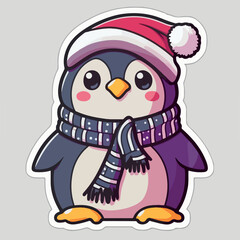 Christmas penguin cartoon sticker, xmas penguin in hat stickers cute. New-year holidays