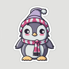 Christmas penguin cartoon sticker, xmas penguin in hat stickers isolated decoration.