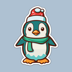 Christmas penguin cartoon sticker, xmas penguin in hat stickers collection. Winter collection