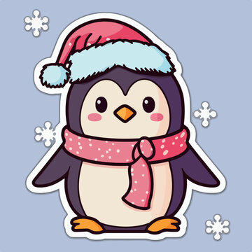 Christmas penguin cartoon sticker, xmas penguin in hat character stickers. New-year holidays
