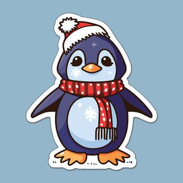 Christmas penguin cartoon sticker, xmas penguin in hat printable stickers sheet. New-year holidays