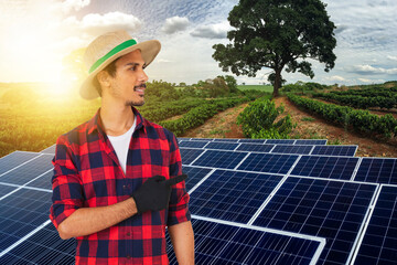 Male Farmer with Hat at Harvest on Sunset.