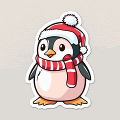 Sticker template with christmas penguin,  xmas penguin in hat stickers collection. New-year holidays