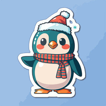 Sticker template with christmas penguin,  xmas penguin in hat stickers elements. Winter collection