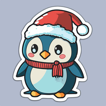 Sticker template with christmas penguin,  xmas penguin in hat stickers isolated decoration.