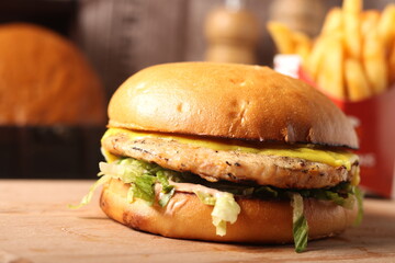 Homemade cheeseburger on an upscale table for lunch and dinner