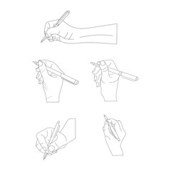 Human hand holding pen and writing, gesture position sketch line drawing, line art illustrations set