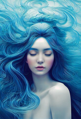 Beautiful young sleeping girl with blue flowing hair.
