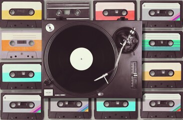 Fototapeta premium Old vintage retro compact cassettes recorders