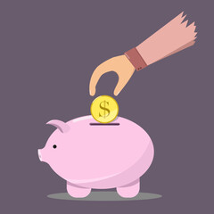 Man hand putting a coin in a piggy bank isolated on blue background. Economy and business concept. Copy space for design or text. Flat style vector illustration. Vector illustration