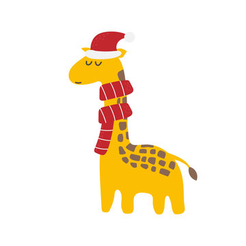 Cute christmas giraffe in santa hat, cartoon vector illustration on white. Modern style, element for kids design