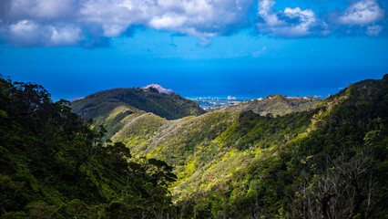 panorama of the hawaiian island of oahu and honolulu as seen from the top of the wiliwilinui ridge trail, hiking in the hawaiian mountains, the amazing landscape of oahu