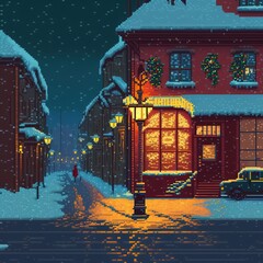 Pixel Christmas snow evening on a old cozy city street. Snowfall. Warm light of shop windows. Pixel art styling. Retro picture in the style of the 80s. Digital illustration.