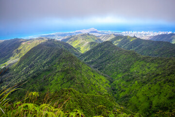 panorama of the hawaiian island of oahu and honolulu as seen from the top of the wiliwilinui ridge...