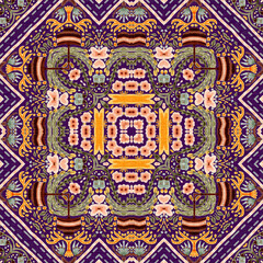 Autumn leaves woodland seamless pattern. Brown retro kaleidoscopic textile print. Backdrop of vintage ornate forest wallpaper. Garden botanical print. 