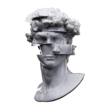 Naklejki Abstract digital illustration from 3D rendering of white marble classical bust sliced in multiple dislocated pieces and isolated on background.
