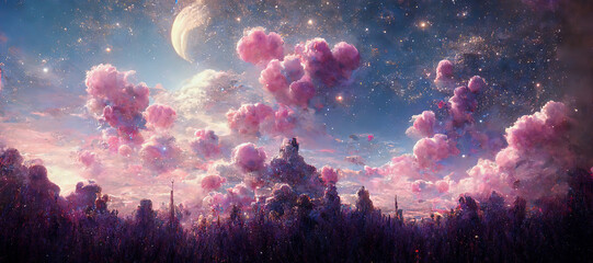 illustration of an abstract fantasy landscape in pink with moon and stars