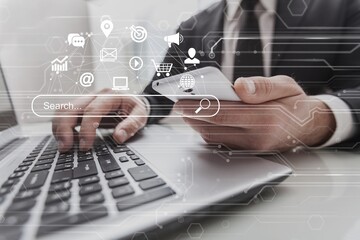 Business person with gadget and digital icons