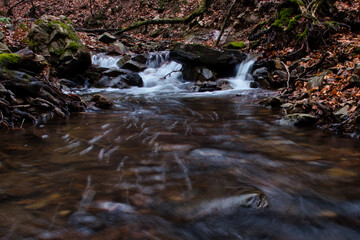 Water flowing in a stream with rocks next to a walking path in the Bingen Forest of Germany on a winter day.